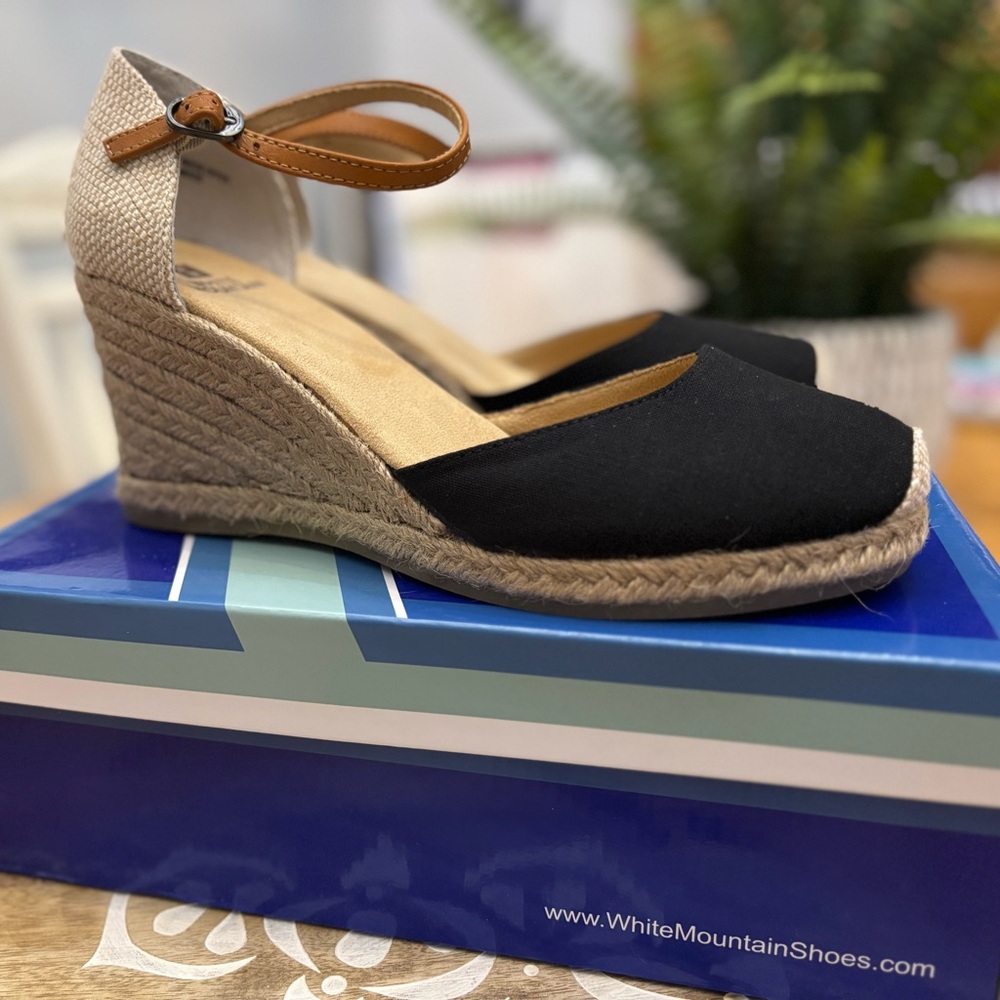 White Mountain Black and Tan Espadrille Wedges